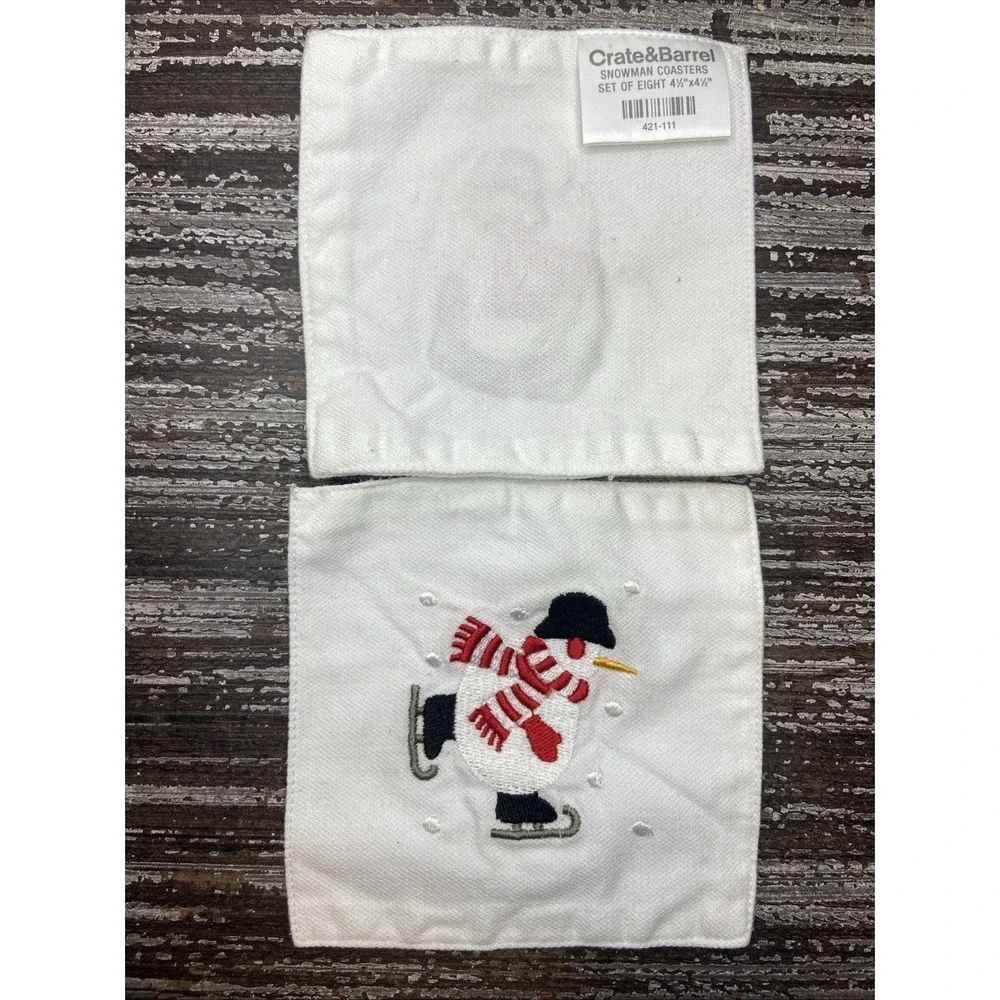 Crate and barrel Embroidered Holiday Skating Snowman Linen Coasters New Set Of 8